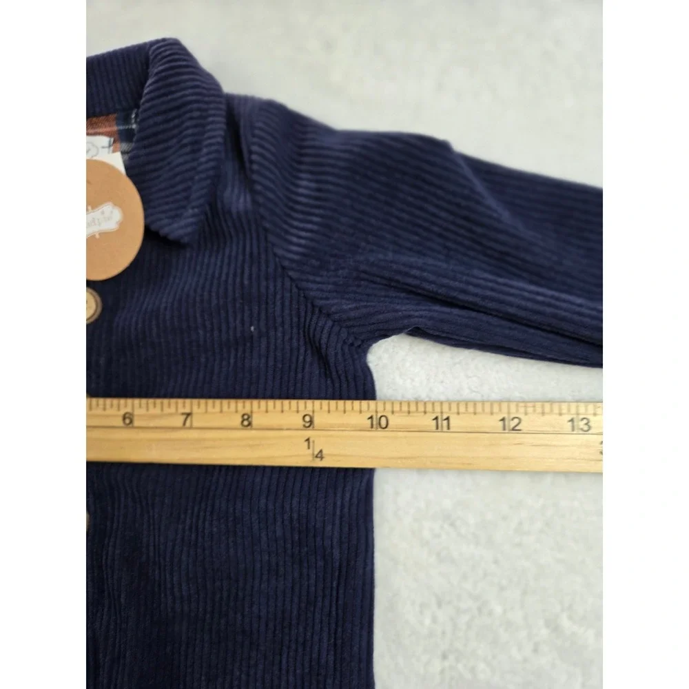 Mud Pie Baby Boy Navy Blue Corduroy Plaid Lined Long Sleeve Romper 3-6M NWT